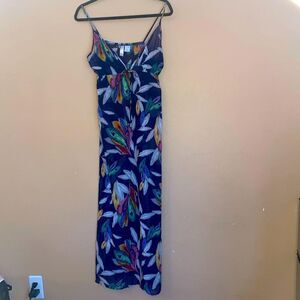 Blue Peacock Feather Print Sheer Maxi Beach Cover Up Dress Small
